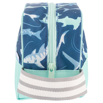 Side view of a blue duffle bag with a shark pattern, mint green trim, and a striped handle.