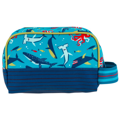Stephen Joseph Shark Toiletry Bag with colorful shark print on blue, striped navy base, and matching handle strap