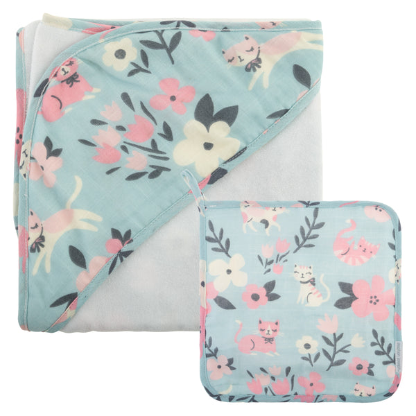 Stephen Joseph Muslin Hooded Towel and Washcloth Set, Cats