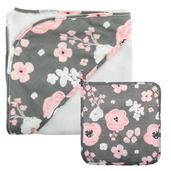 Stephen Joseph Muslin Hooded Towel & Washcloth Set, Charcoal Flowers