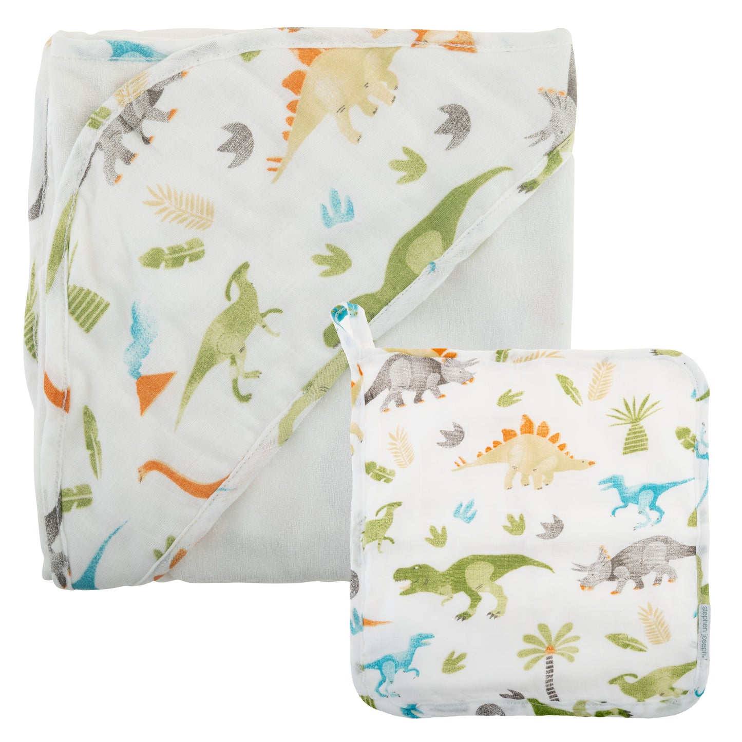 Dinosaur Muslin Hooded Towel & Washcloth Set, Bamboo Blend