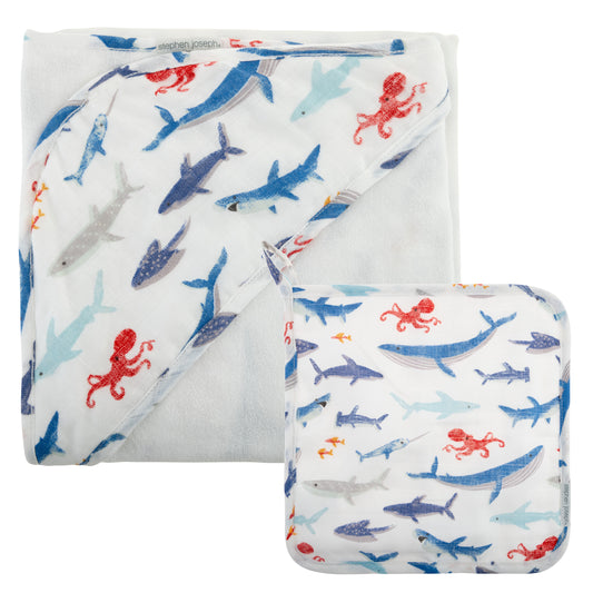 Premium Shark Muslin Hooded Towel & Washcloth Set - Bamboo BlendPremium Shark Muslin Hooded Towel & Washcloth Set - Bamboo BlendPersonalized Shark Adventure Bath SetStephen Joseph Muslin Hooded Towel & Washcloth Set, Shark