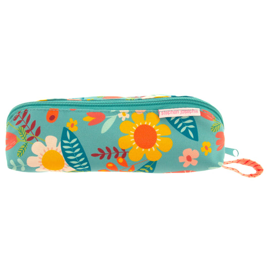 Turquoise Floral pencil pouch, all over print design front view