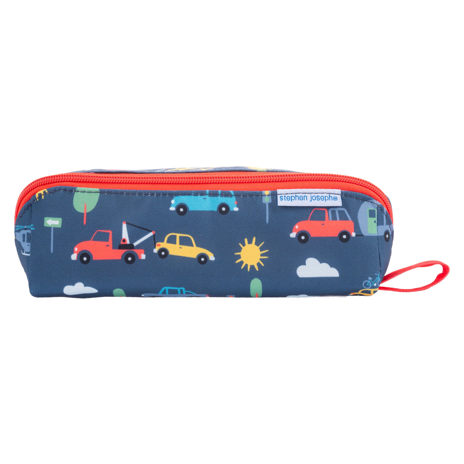 Blue Transportation pencil pouch, all over print design front view