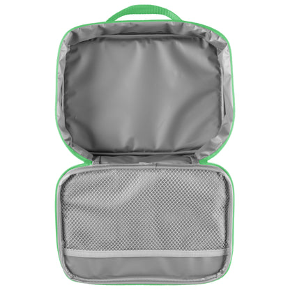 Open green lunchbox with silver insulated interior, mesh pocket on lower section, and top handle; no visible dinosaur print or personalization in this view