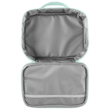Open mint green lunchbox with gray insulated interior and mesh pocket, from the Stephen Joseph Shark Backpack, Lunchbox & Pencil Pouch Set