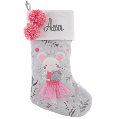 Gray stocking with a mouse in a pink tutu, white cuff embroidered with the name Ava, and two pink pom-poms.