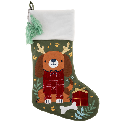 Green stocking with brown dog in red sweater, antlers, gift, bone, white cuff, mint tassels.