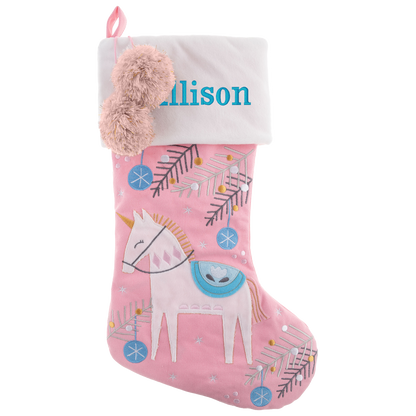 Pink stocking with white cuff, embroidered name Allison, unicorn, and pine branches.