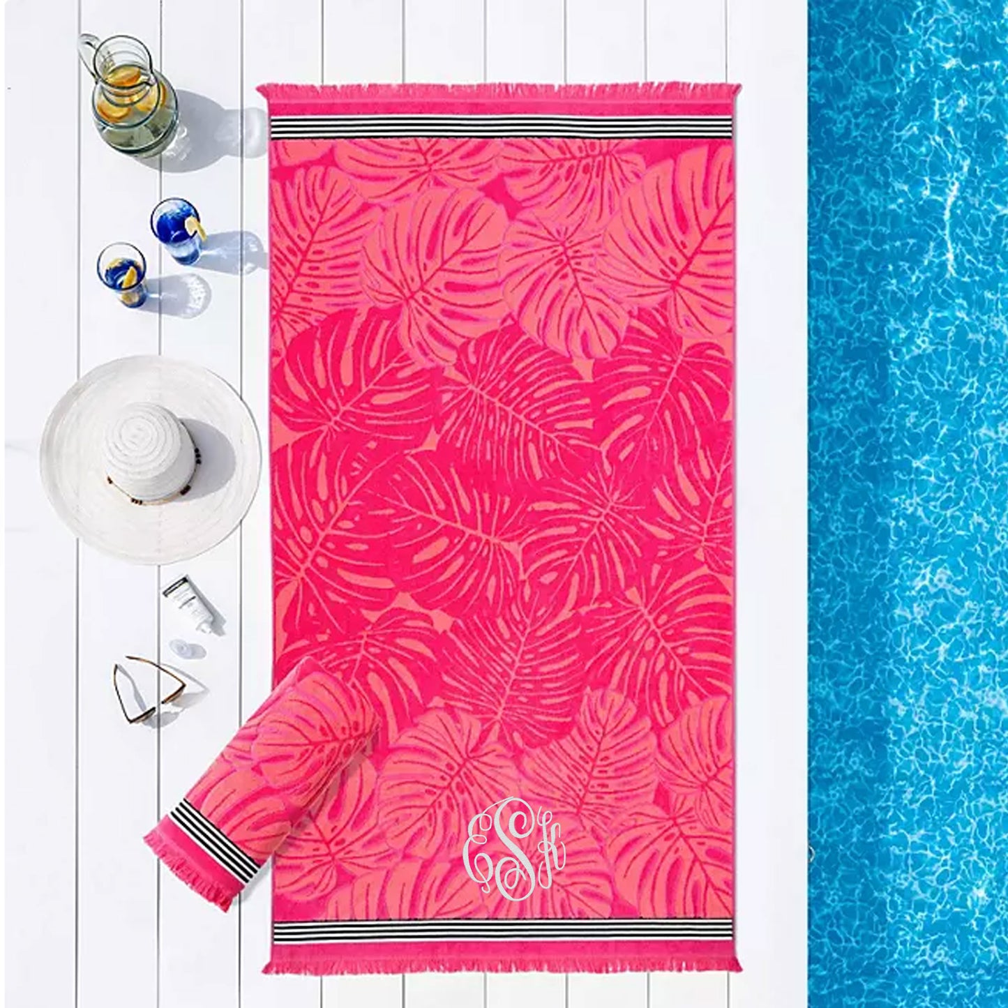 Personalized 40 x 72 in. Pink Palm Fronds Beach Towel, product view