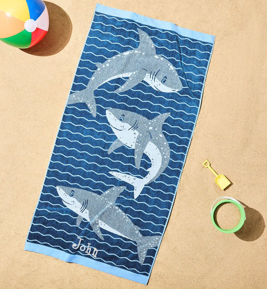 Personalized Friendly Sharks Kids Beach Towel 30 x 60 in