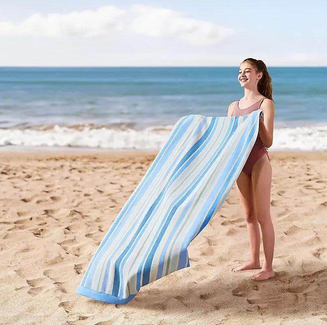 Personalized blue striped Sunwash kids beach towel 30 x 60 inches detail view
