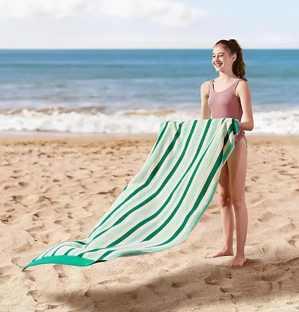 Personalized green striped Seashore kids beach towel 30 x 60 inches flat view