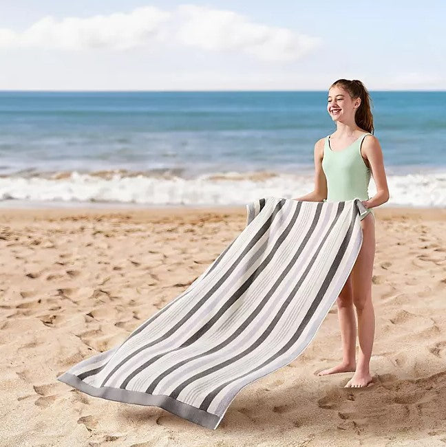Personalized grey striped Seashore kids beach towel 30 x 60 inches flat view