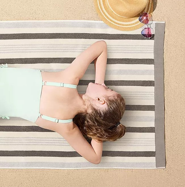 Personalized grey striped Seashore kids beach towel 30 x 60 inches detail view