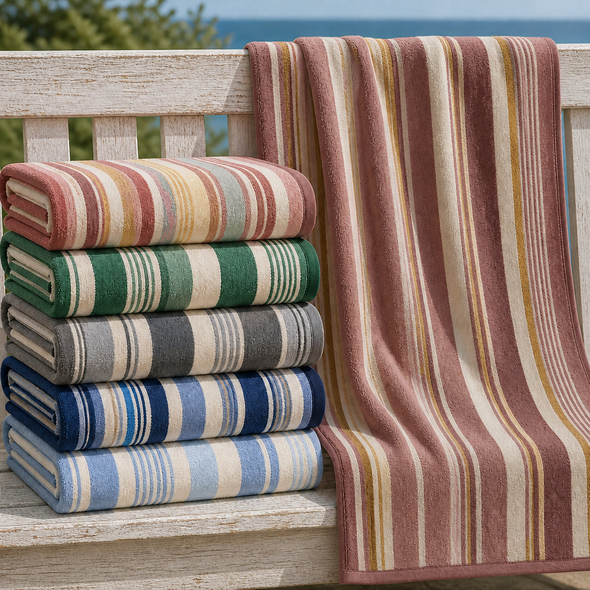 Sunwash and Seashore striped beach towel color options displayed on a coastal bench