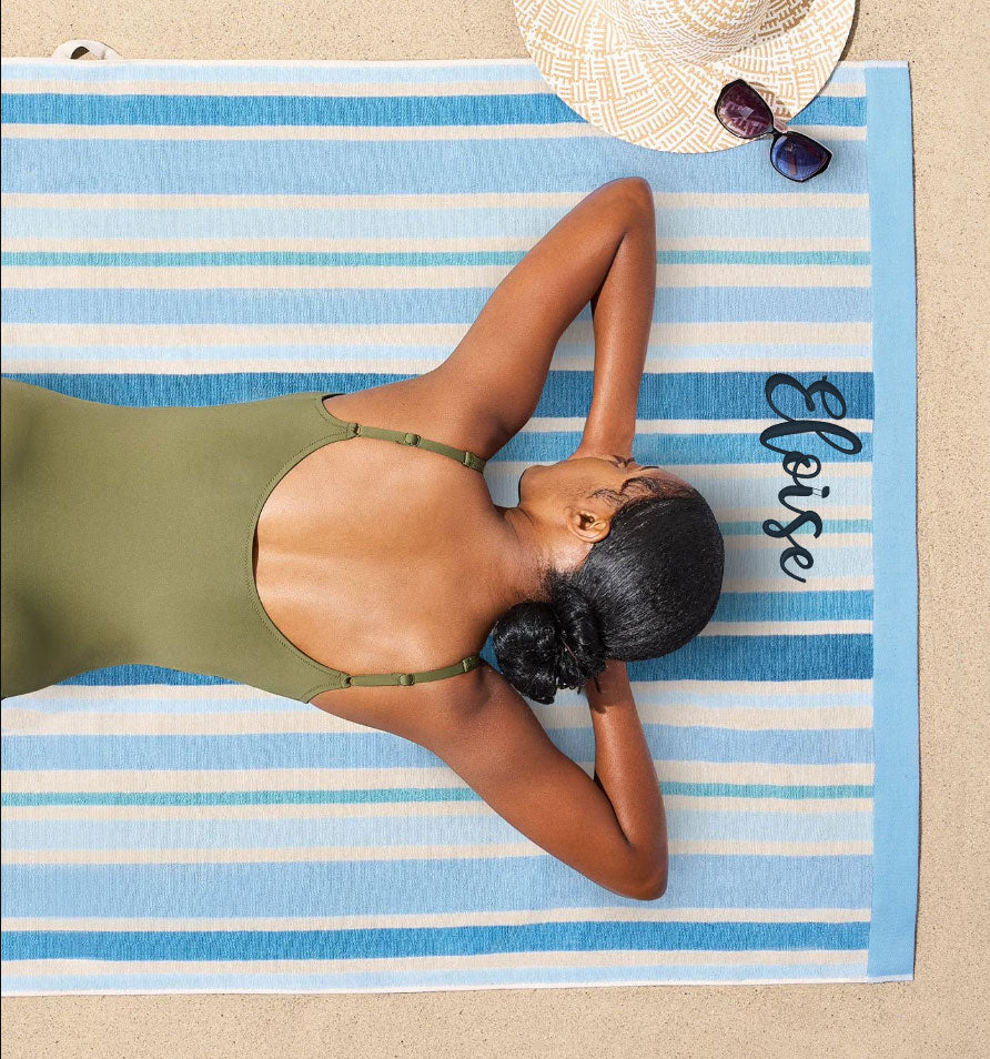 Embroidered Sand Friendly Striped Beach Towels – Blue