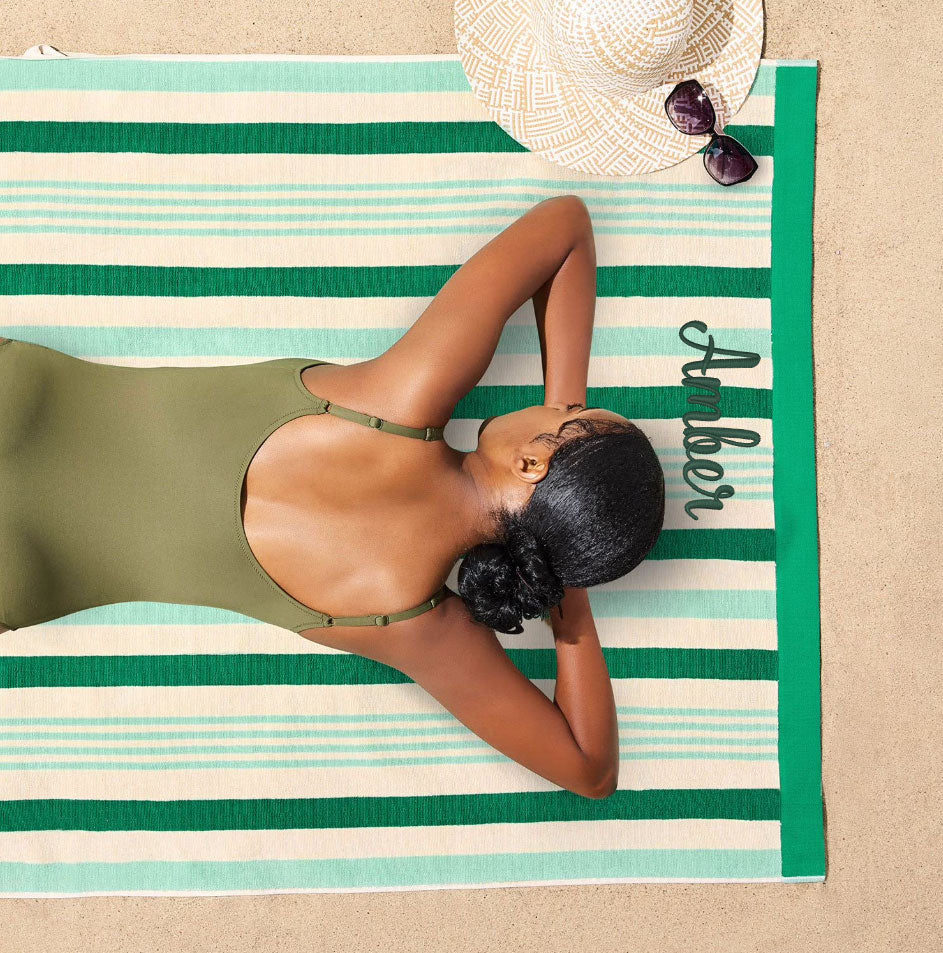Embroidered Sand Friendly Striped Beach Towels – Green