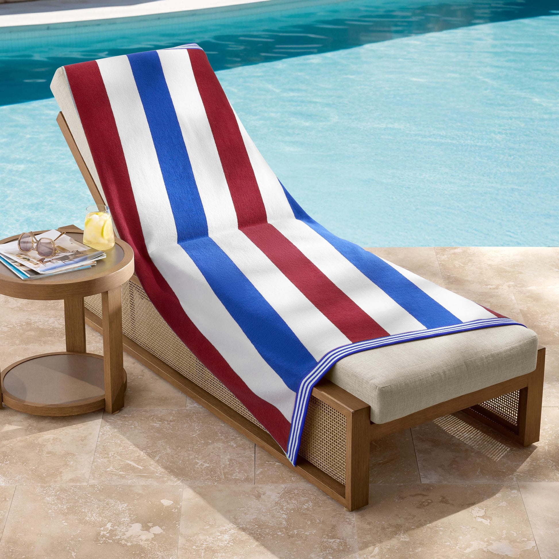 Personalized blue and red striped oversized beach towel 40 x 72 inches flat view