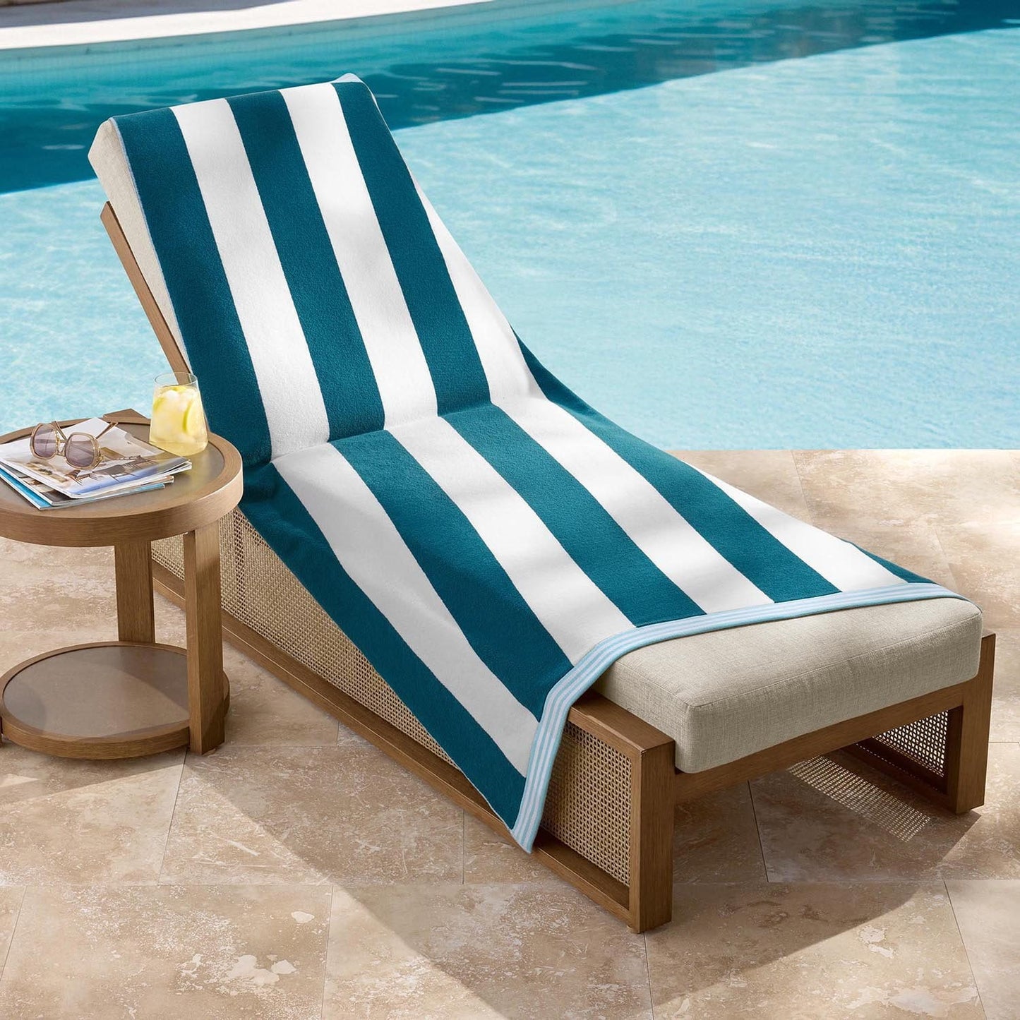 Personalized teal striped oversized beach towel 40 x 72 inches flat view