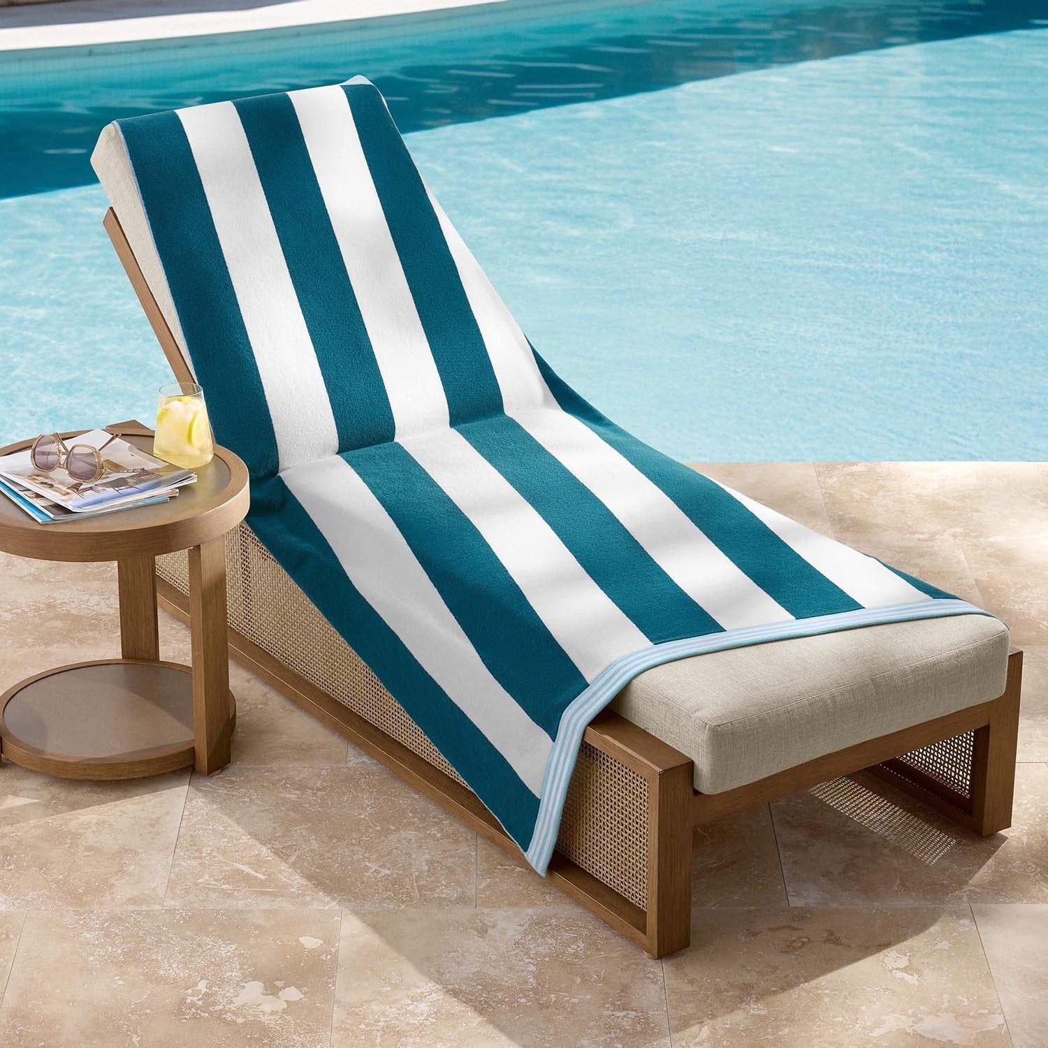 Personalized teal striped oversized beach towel 40 x 72 inches flat view