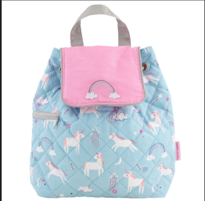 Light blue quilted backpack with white unicorn, rainbow, and cloud print, pink front pocket with embroidered rainbow, gray top handle