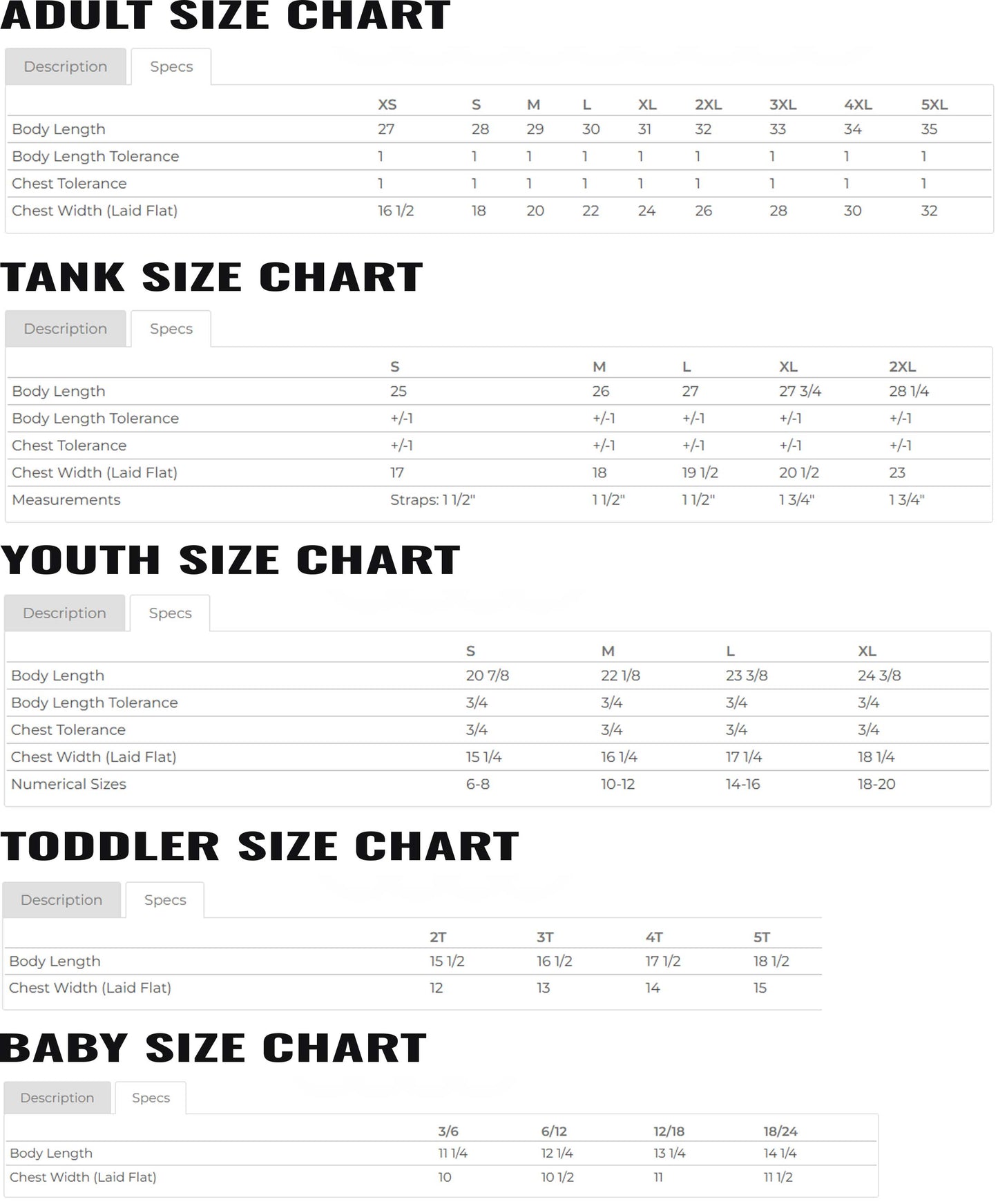 Size chart for various clothing sizes including adult, tank top, youth, toddler, and baby.