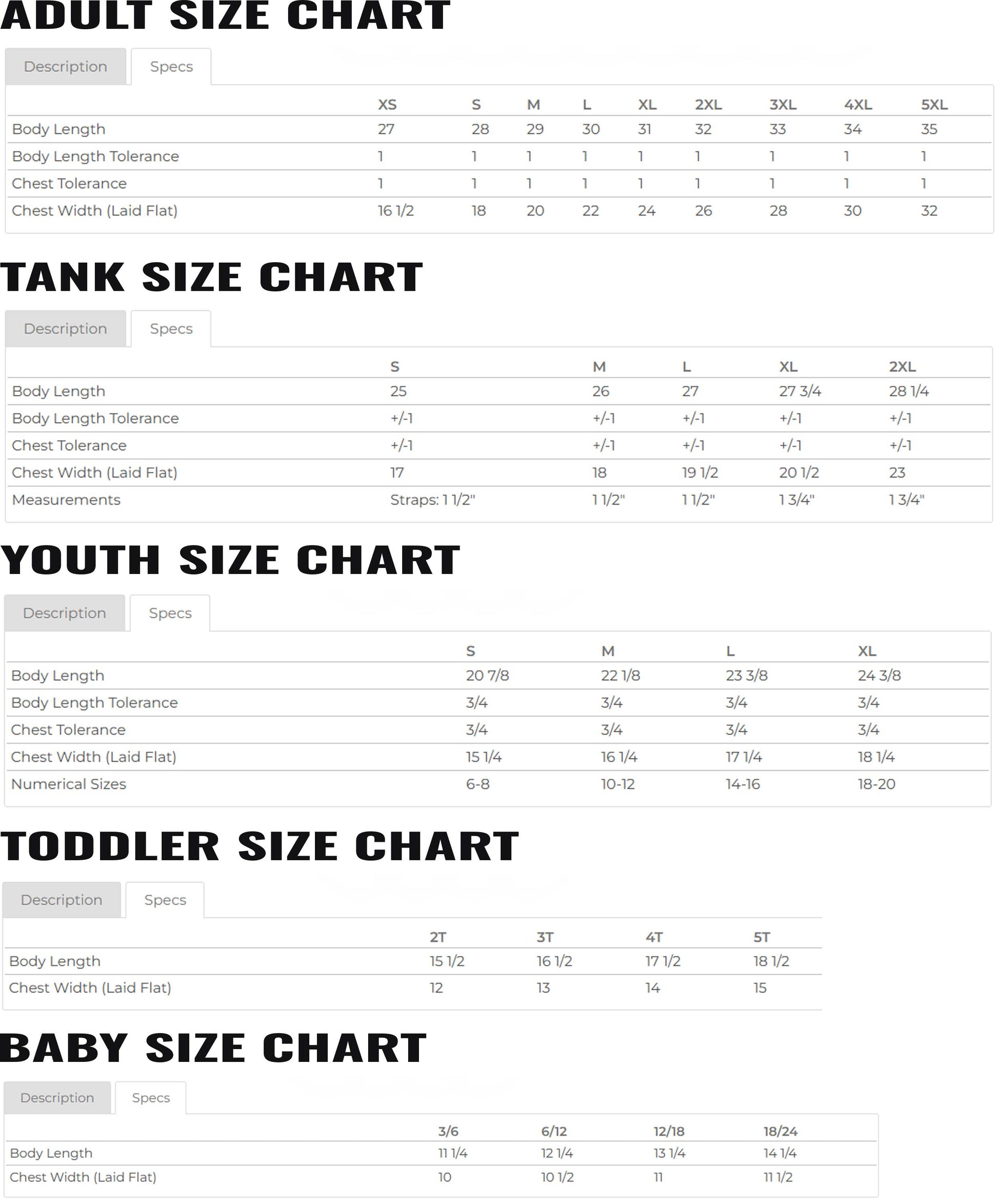 Size chart for various clothing sizes including adult, tank top, youth, toddler, and baby.