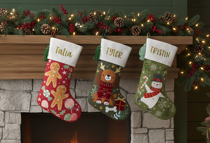 Green stocking with a snowman design and the name Tristan embroidered on the white cuff.