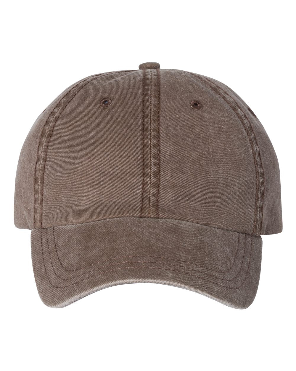 Unstructured pigment-dyed dad hat in solid brown, no embroidery or monogram visible.