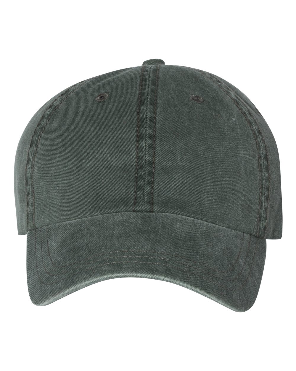 Front view of a solid dark green unstructured pigment-dyed dad hat with no embroidery.