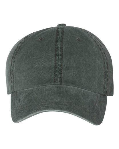 Front view of a solid dark green unstructured pigment-dyed dad hat with no embroidery.
