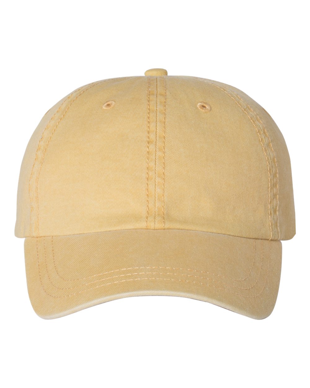 Plain yellow pigment-dyed unstructured dad hat with no embroidery or monogram.