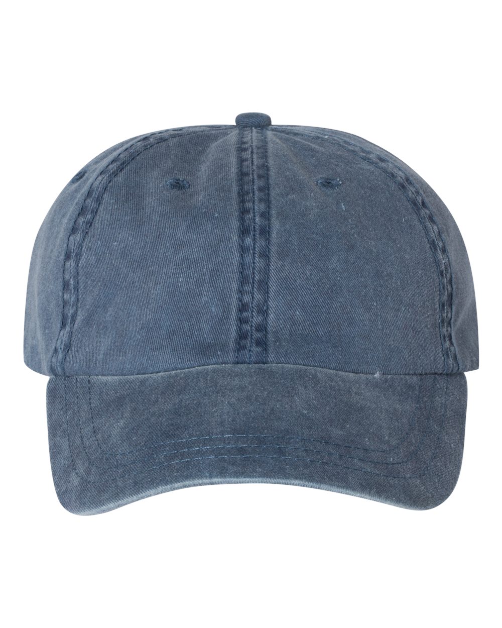 Front view of a pigment-dyed unstructured dad hat in faded blue with no visible embroidery.
