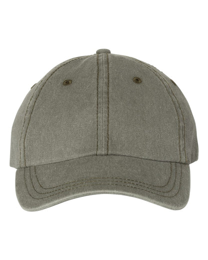 Unstructured pigment-dyed dad hat in olive green with no visible embroidery.