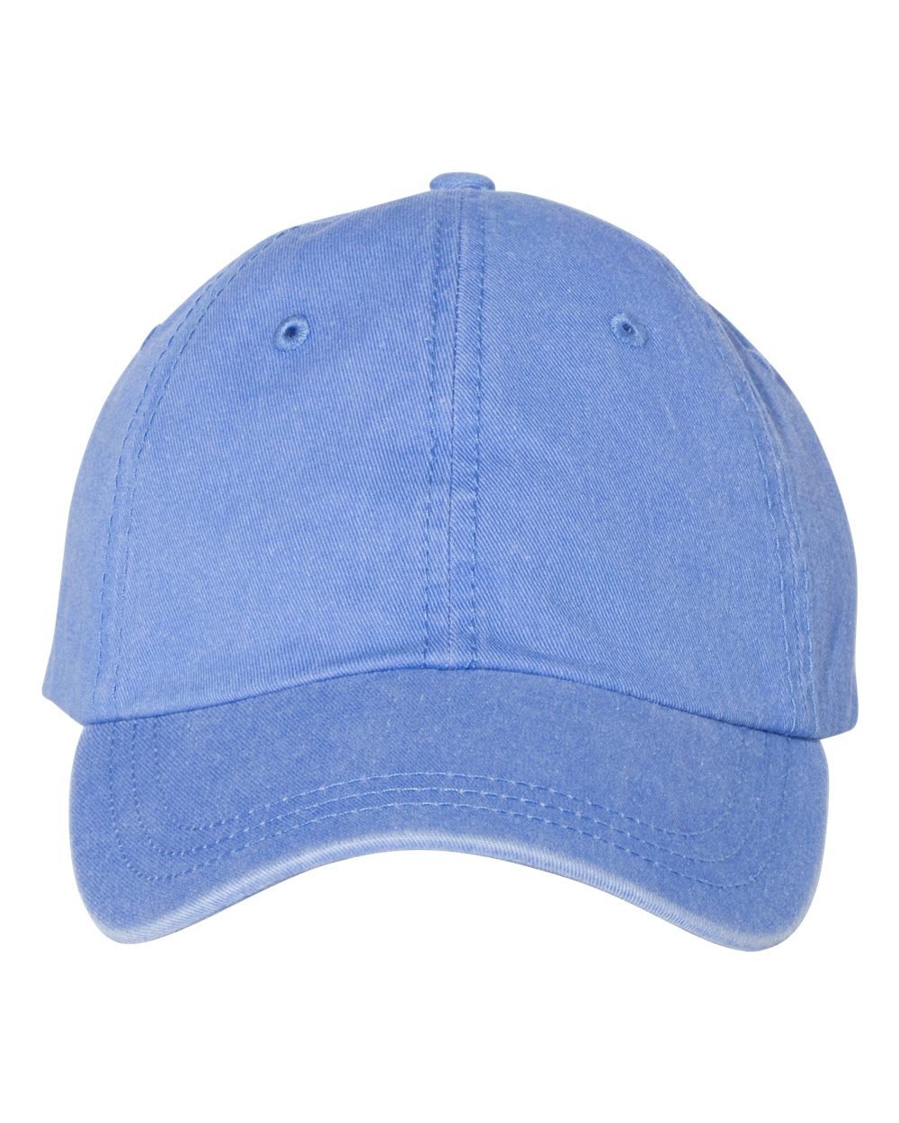 Light blue pigment-dyed unstructured dad hat with no embroidery.