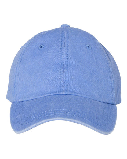Light blue pigment-dyed unstructured dad hat with no embroidery.