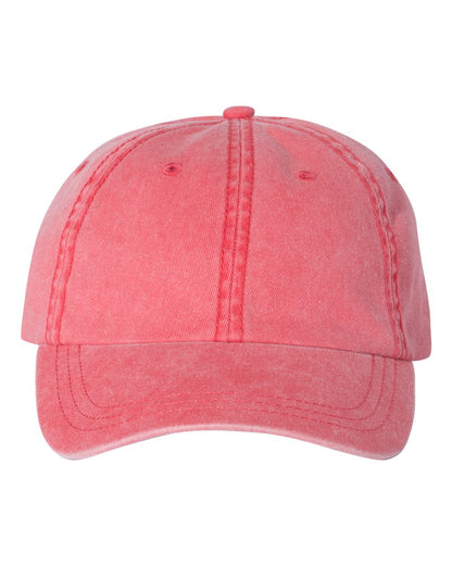 Plain pink pigment-dyed unstructured dad hat with curved brim and no embroidery.
