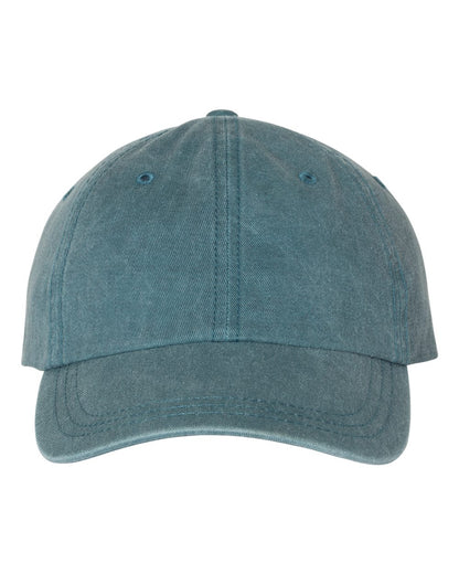 Solid blue pigment-dyed unstructured dad hat with a curved brim and no visible embroidery.