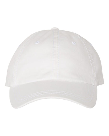 White unstructured dad hat with pigment-dyed finish and no visible embroidery.
