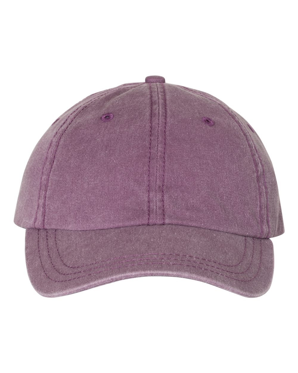 Front view of a solid purple pigment-dyed unstructured dad hat with no visible embroidery.