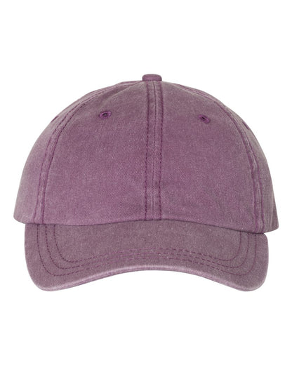 Front view of a solid purple pigment-dyed unstructured dad hat with no visible embroidery.