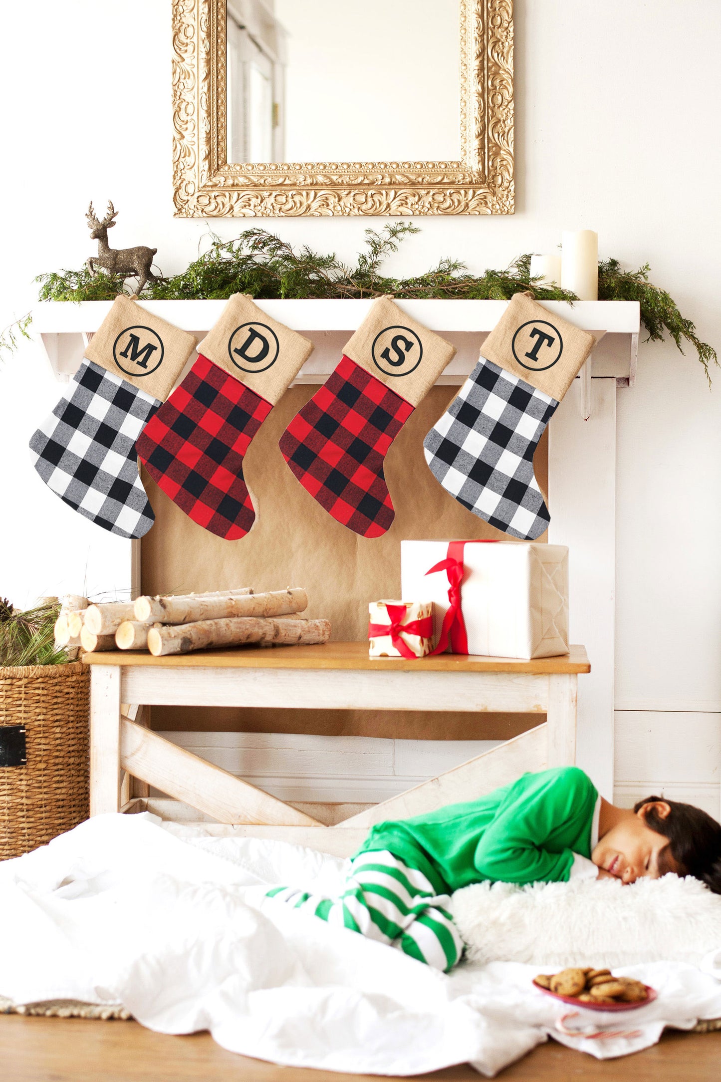 Black Buffalo Check Burlap Rustic Holiday Stockings