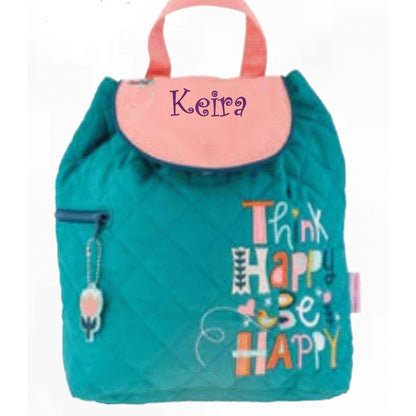 Think Happy quilted backpack, close-up of embroidered design detail