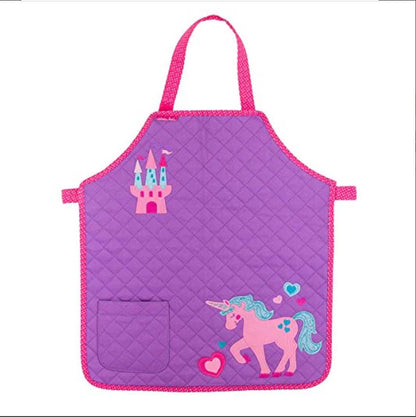 Purple quilted Stephen Joseph unicorn apron with pink trim, castle and unicorn embroidery, heart accents, and front pocket