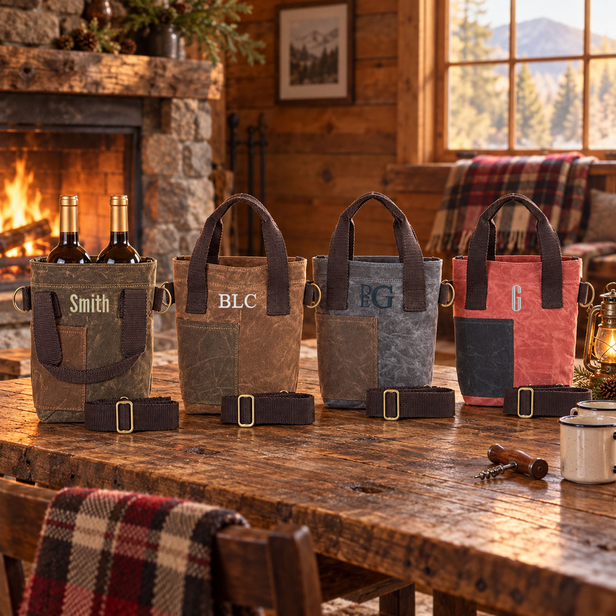 Monogrammed Waxed Canvas Wine Bottle Tote