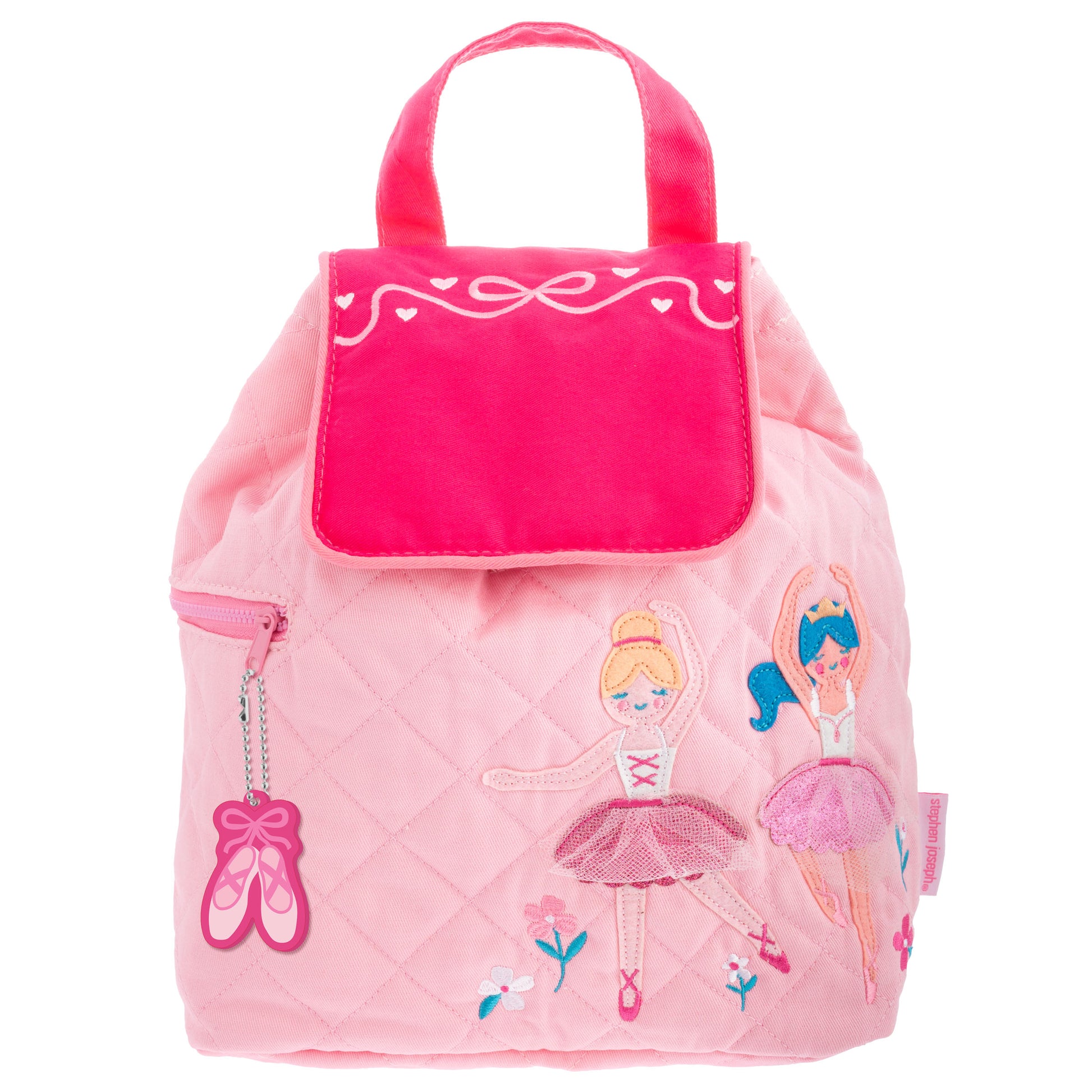 Pink quilted toddler backpack with embroidered ballet design