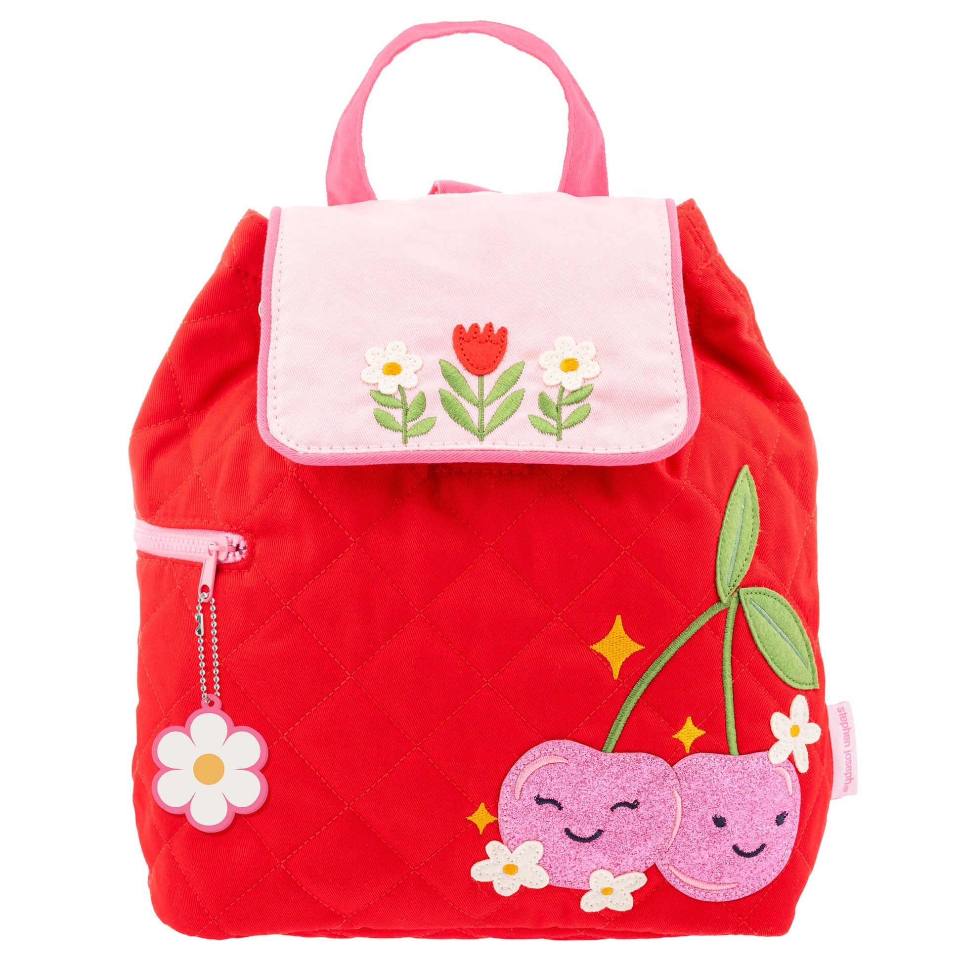Pink quilted toddler backpack with embroidered cherry design