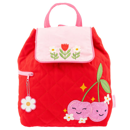 Pink quilted toddler backpack with embroidered cherry design