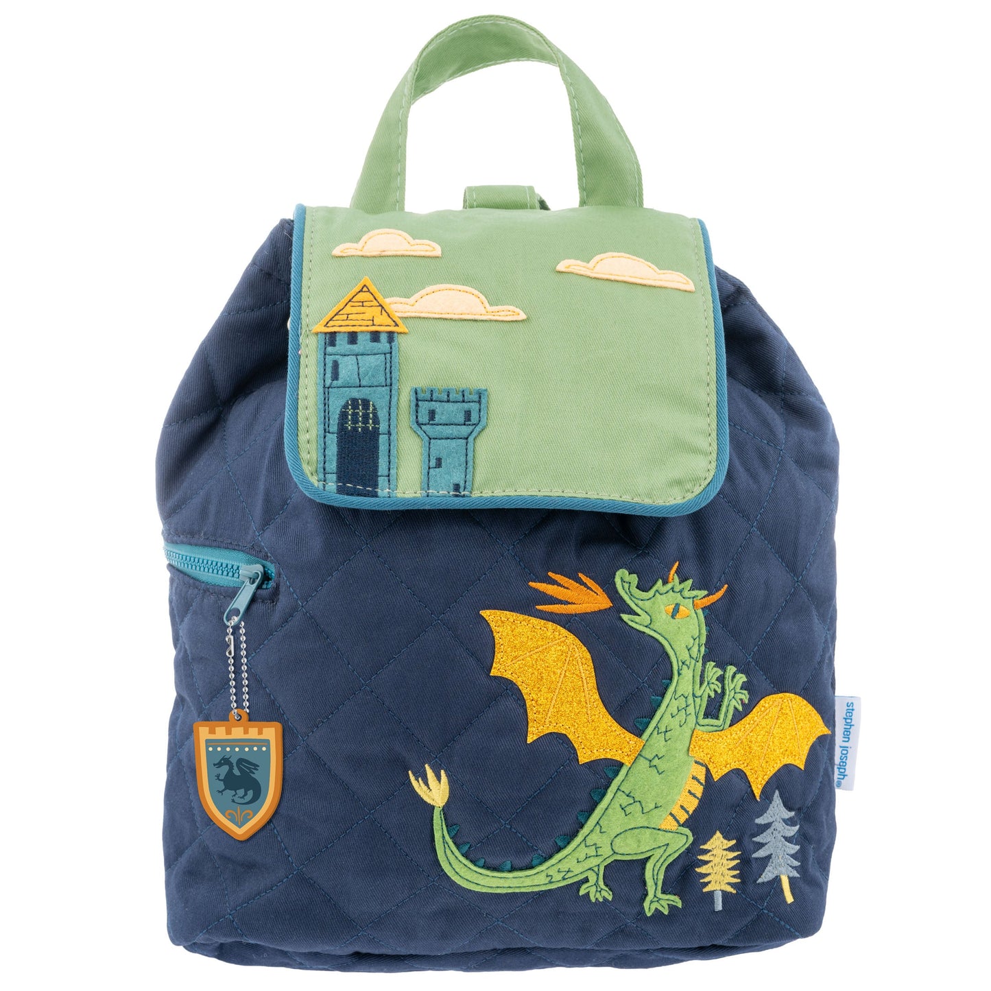 Quilted toddler backpack with embroidered dragon design